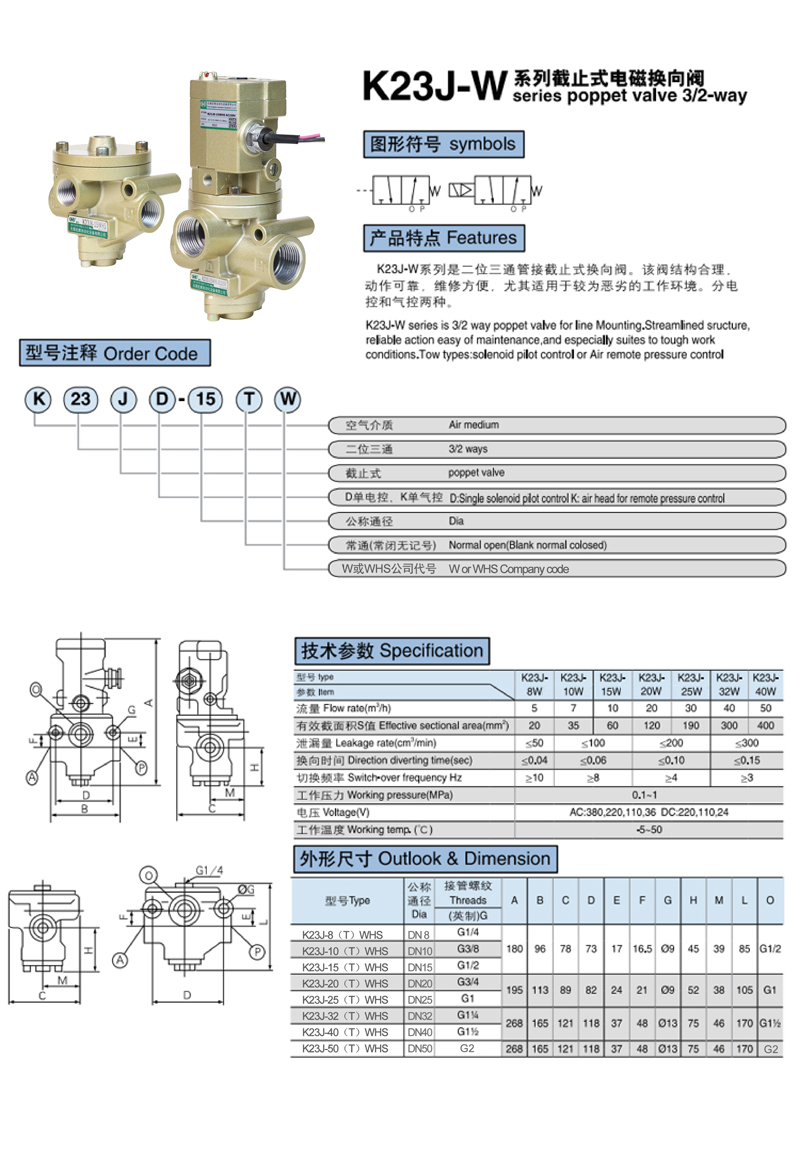 二位三通截止式換向閥K23J-W系列